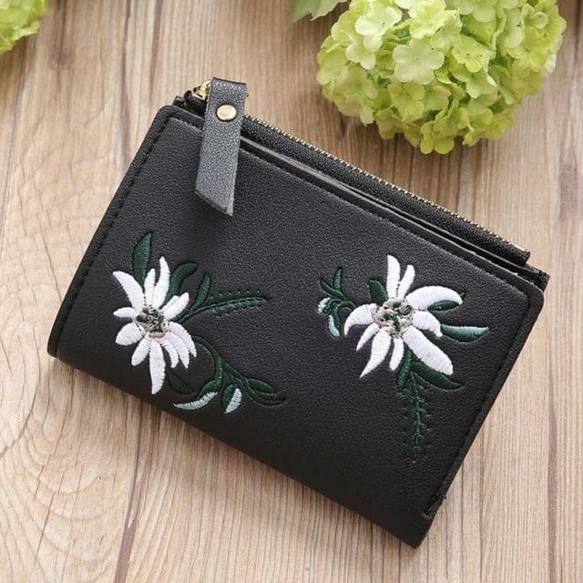 Embroidery Short Wallet PU Leather Wallets Female Floral Hasp Coin Purse Zipper Bag Card Holders(Black)