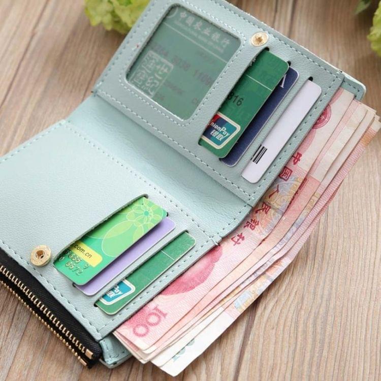 Embroidery Short Wallet PU Leather Wallets Female Floral Hasp Coin Purse Zipper Bag Card Holders(Black)