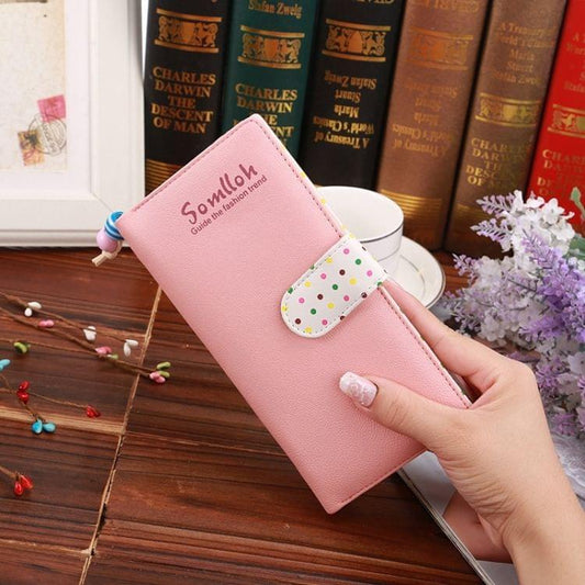 Fashion Dot Pattern 2-Folding Long Design PU Leather Zipper Wallet Coin Purse for Women(Pink)