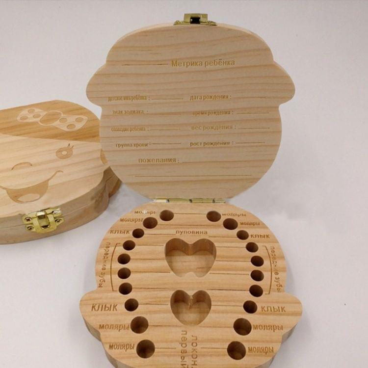 Wood Baby Teeth Box Organizer Milk Teeth Storage Box, Language:Russian(Boy)
