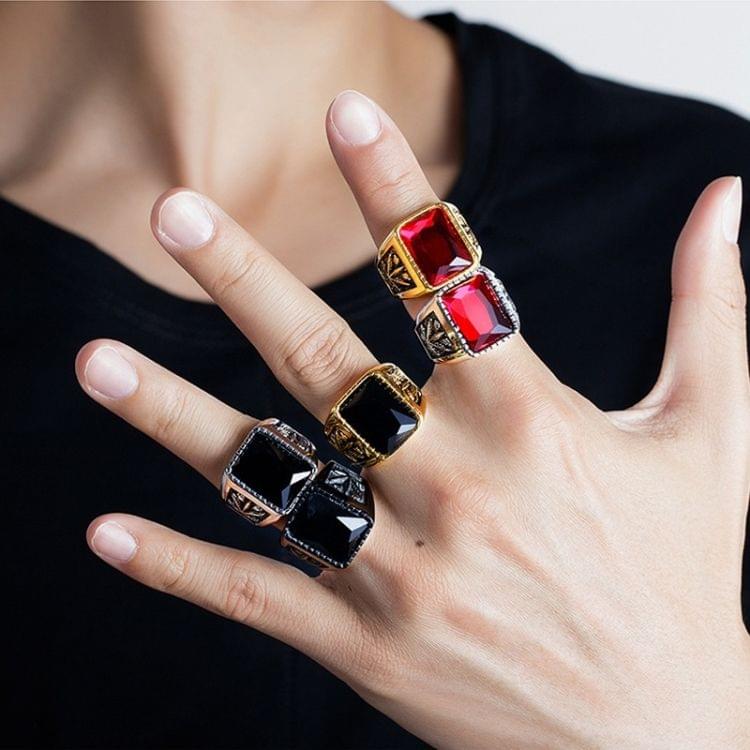 OPK Personality Tide Stainless Steel Glass Stone Maple Leaf Ring for Men(Color:Black Red Size:9)