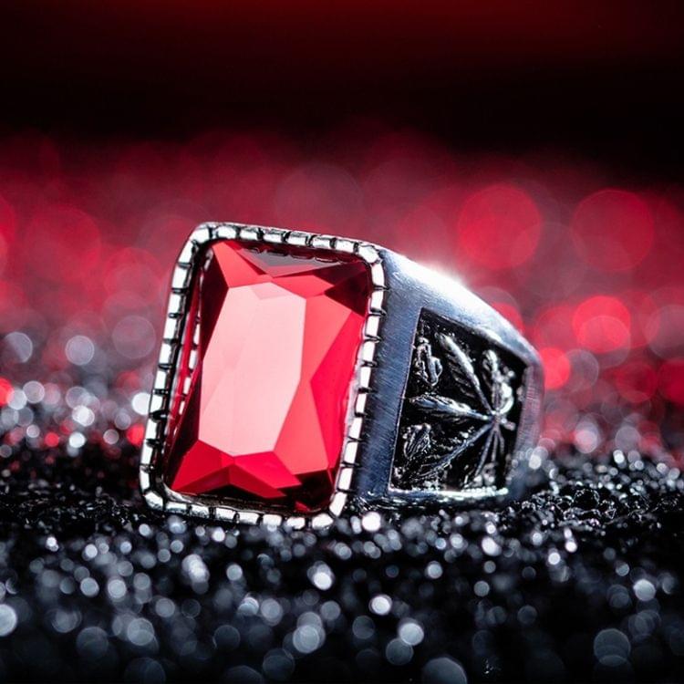 OPK Personality Tide Stainless Steel Glass Stone Maple Leaf Ring for Men(Color:Black Red Size:9)