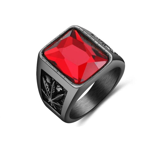 OPK Personality Tide Stainless Steel Glass Stone Maple Leaf Ring for Men(Color:Black Red Size:9)