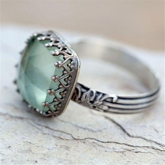 Woman Silver Color Vintage Moonstone Ring, color:Mint Green(6)
