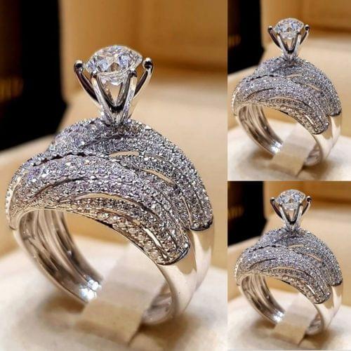 2 PCS Women Vintage 925 Silver Diamond Wedding Ring