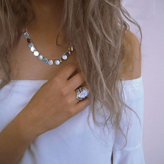 Vintage Silver Big Stone Ring for Women Fashion Bohemian Boho Jewelry, Ring Size:6