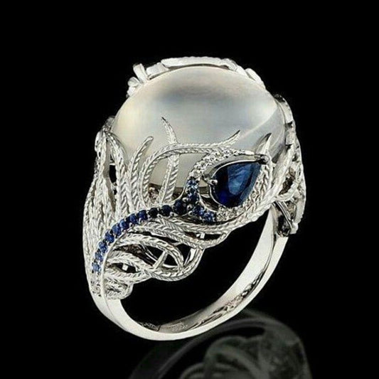 Vintage Silver Hollow Natural Opal Rings Feather Pattern Rings for Women Jewelry, Ring Size:6