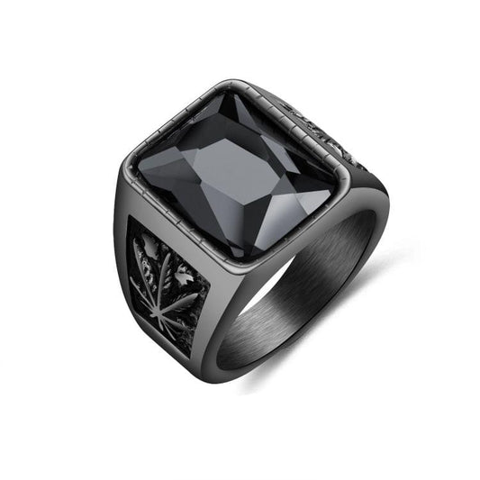 OPK Personality Tide Stainless Steel Glass Stone Maple Leaf Ring for Men(Color:Black Size:12)
