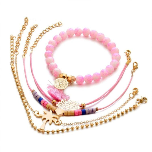 5 PCS/Set Boho Women Pineapple Tassels Dreamcatcher Heart Coconut Tree Chain Bead Bracelet