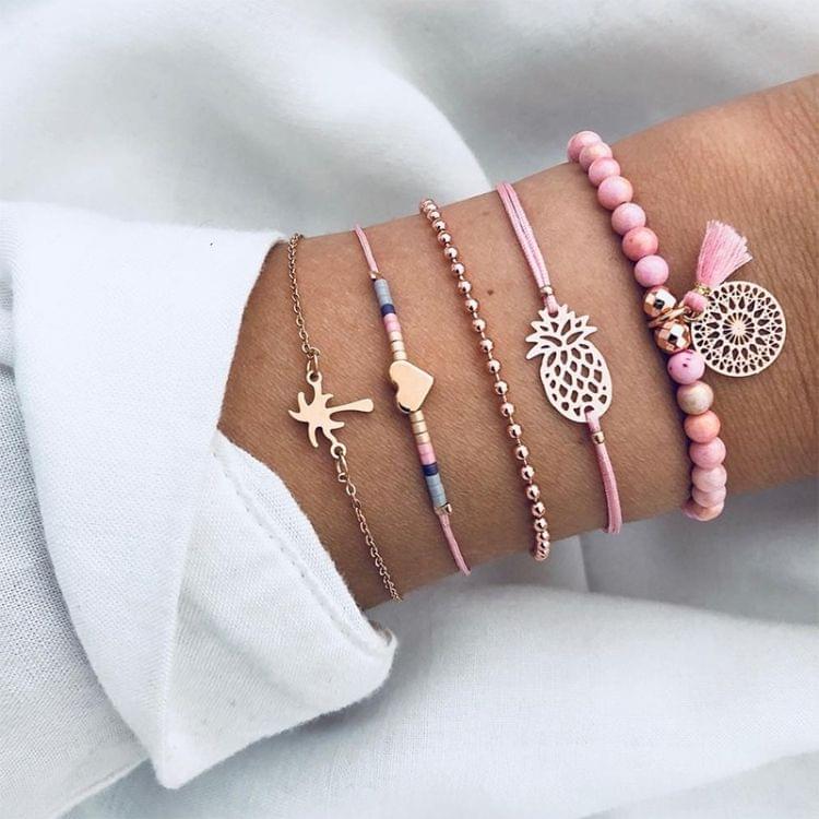 5 PCS/Set Boho Women Pineapple Tassels Dreamcatcher Heart Coconut Tree Chain Bead Bracelet