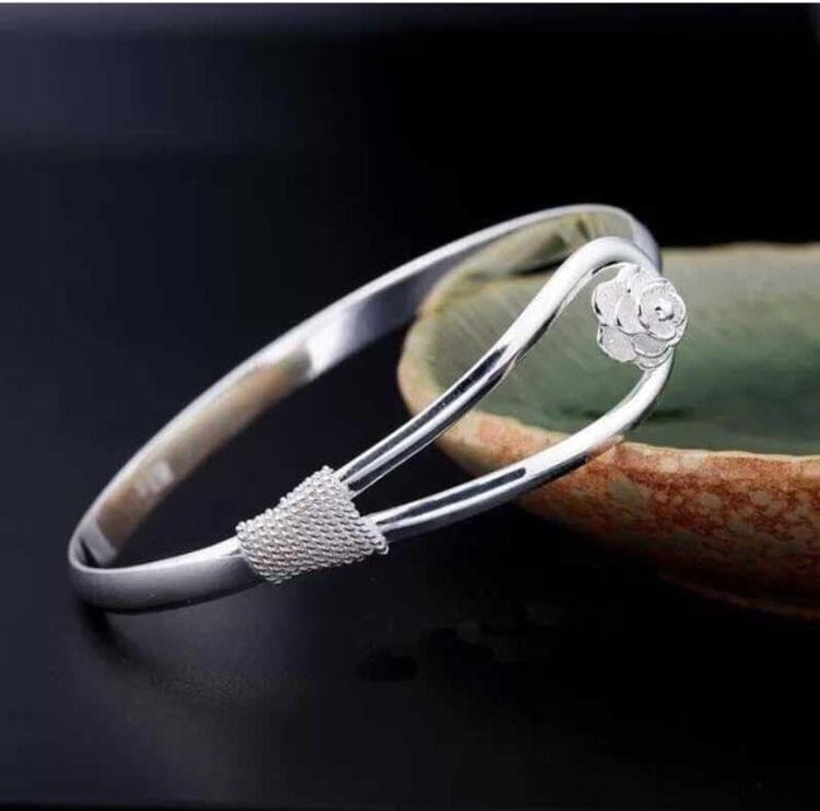 Fashion Romantic Silver Plated Rose Cherry Flower Carve Chain Cuff Bangle Bracelet For Women