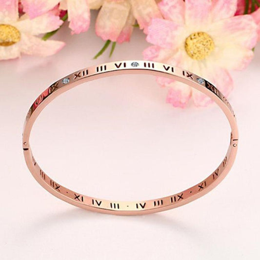 Unisex Roman Numerals Carving Crystal Inlaid Titanium Steel Bracelet, Size: 6.2*5.8*1cm(Rose Gold)