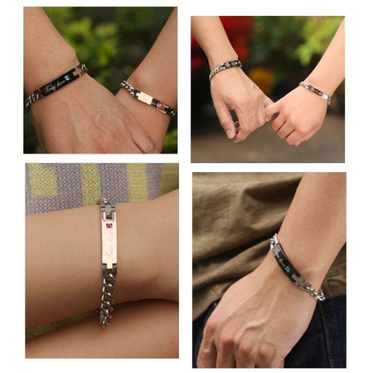 Valentines Day Gift Creative Trendy Titanium Steel Couple Bracelet for Men, Engraved Words Style (Black + Blue)