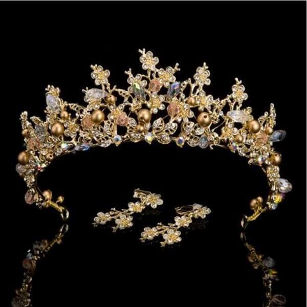 Luxury Pink Gold Pearl Bridal Crowns Handmade Tiara Bride Headband Crystal Wedding Diadem Queen Crown Wedding Hair Accessories(Pink With Earrings)