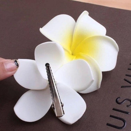2 PCS Plumeria Flower Hairpin Bohemian Frangipani Hair Clip Bridal Seaside Beach Accessories Gift(8cm yellow heart-with clip)