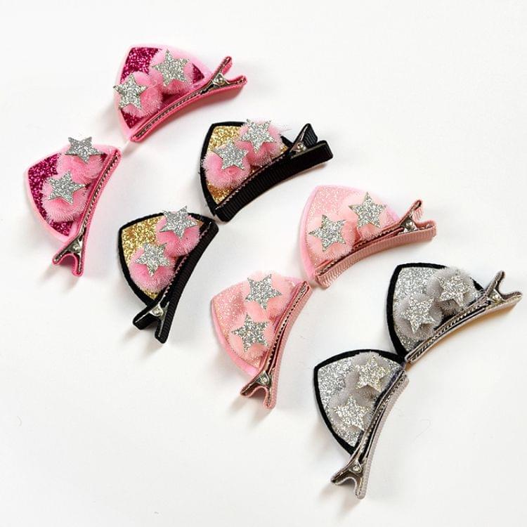 2 PCS/Set Cute Hair Clips Girls Glitter Rainbow Felt Fabric Hairpins Cat Ears Bunny Barrettes(Cat ears with flower-sliver)