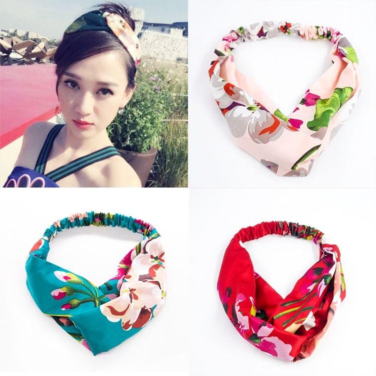 Floral Fabric Headdress Cross Elastic Headband Hair Accessory(Green)
