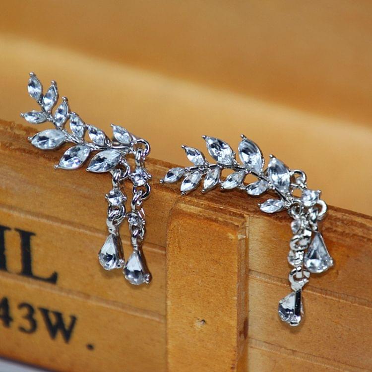 Women Crystal Leaf fringed Earrings silver