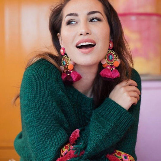 Drop Hairball Earring Handmade Tassel Big Earring Fringed earrings(Green)