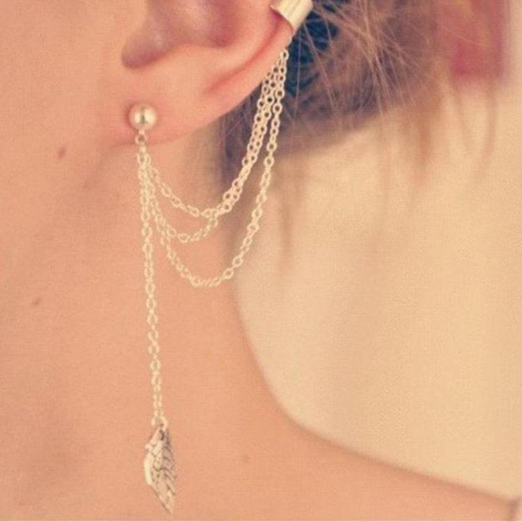 Women  Leaf Chain Tassel Earrings, Metallic Gold And Silver Jewelry Earrings Ear Clip(Gold)