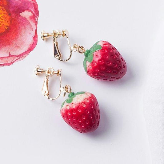 Created Sweet Acrylic Strawberry Shape Women Earrings(Deep Red Clip Earring)