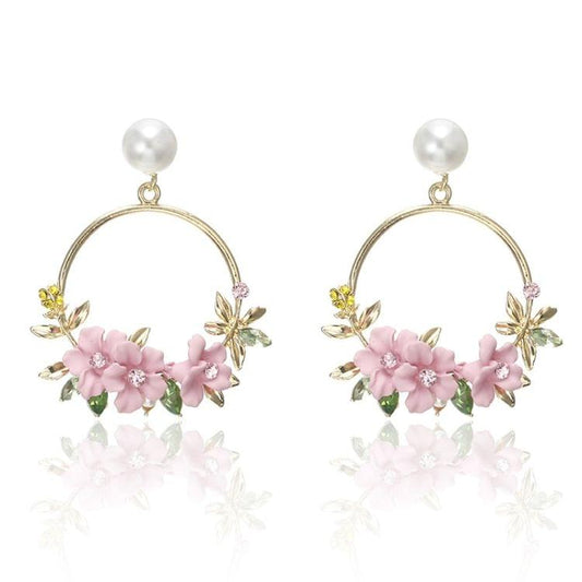 Women Round Circle Sweet Flower Pearl Stud Earrings(Pink)