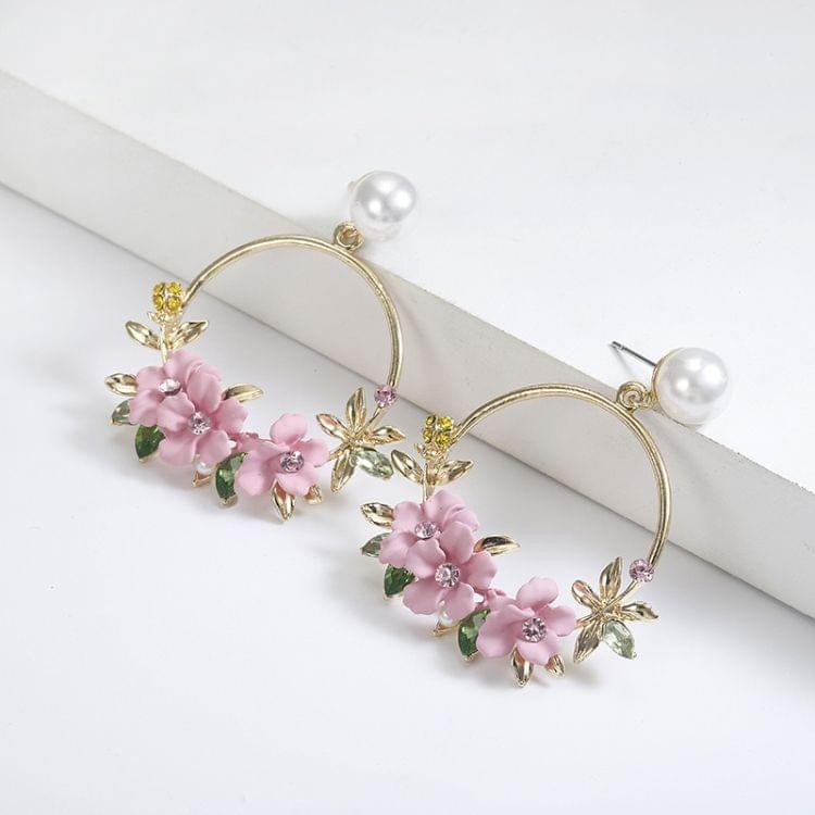 Women Round Circle Sweet Flower Pearl Stud Earrings(Pink)