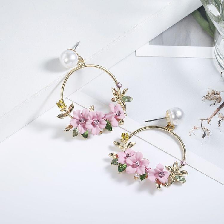 Women Round Circle Sweet Flower Pearl Stud Earrings(Pink)