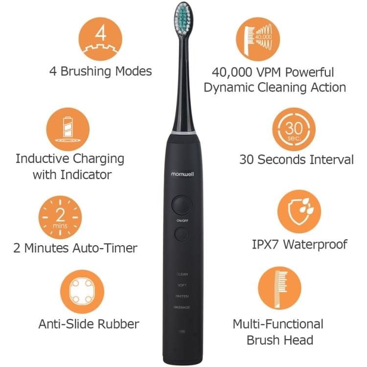 IPX7 Waterproof Rechargeable Adult Sonic Pulse Electric Toothbrush,  US Plug(Black)