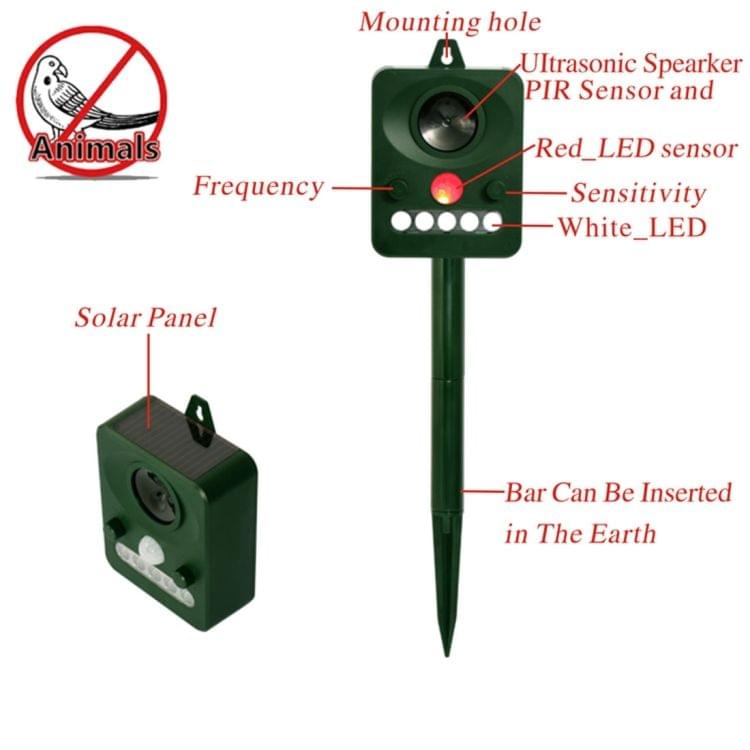 Environmental Friendly White + Red Light Solar-powered LED Ultrasonic Animal Repeller Bird Cat Dog Control Device With 6.5V / 0.1W Solar Panel & PIR Sensor & Light Sensor, Got the CE / ROHS Certification