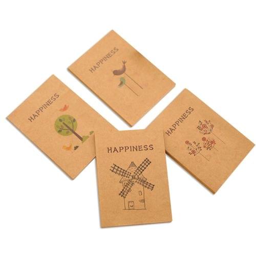 4 PCS WJU0380 Mini DIY Cute Vintage Happiness Birds Flower Nature Kraft Notepad Blank Sketchbook Notebook Planners, Random Color Delivery