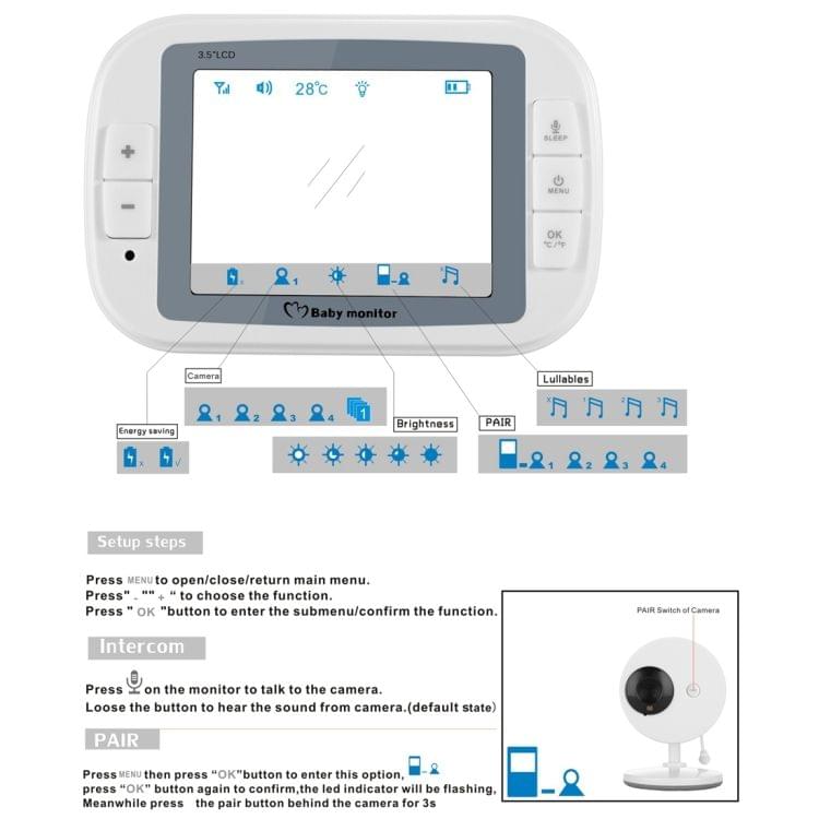 3.5 Inch Larger Screen Display Wireless Digital Monitoring Camera Baby Career  Monitor Wireless Baby Monitor,US Plug SP851(Black White)