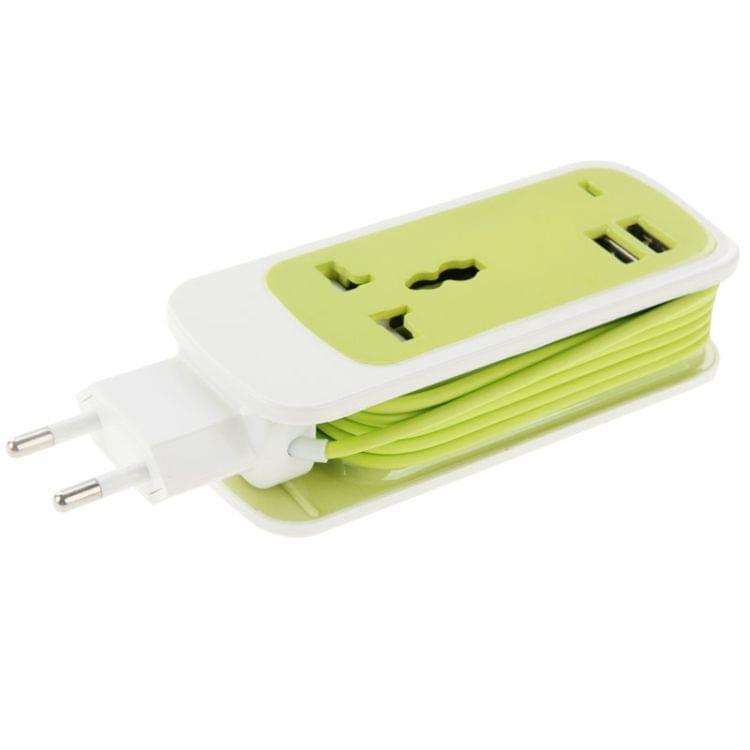 EU Plug Colorful 3 in 1 Dual USB Universal Power Socket, 2.1A Output, Cable Length: 1.5M(Green)