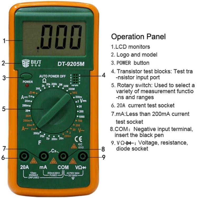 BEST 9205M 9V Handheld LCD Screen Digital Multimeter with Buzzer Test Meter