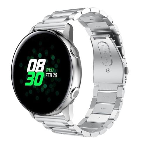 Three Beads Slingshot Buckle Solid Stainless Steel Wrist Strap Watch Band for Galaxy Watch Active 20mm (Silver)
