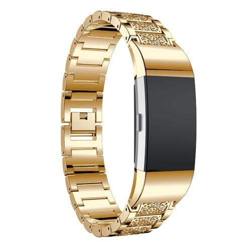 Diamond-studded Solid Stainless Steel Wrist Strap Watch Band for Fitbit Charge 2(Gold)