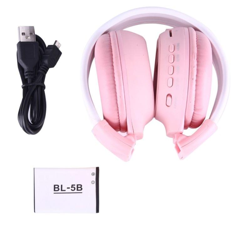 BS-N65 Headband Folding Stereo HiFi Wireless Headphone Headset with LCD Screen & TF Card Slot & LED Indicator Light & FM Function(Pink)