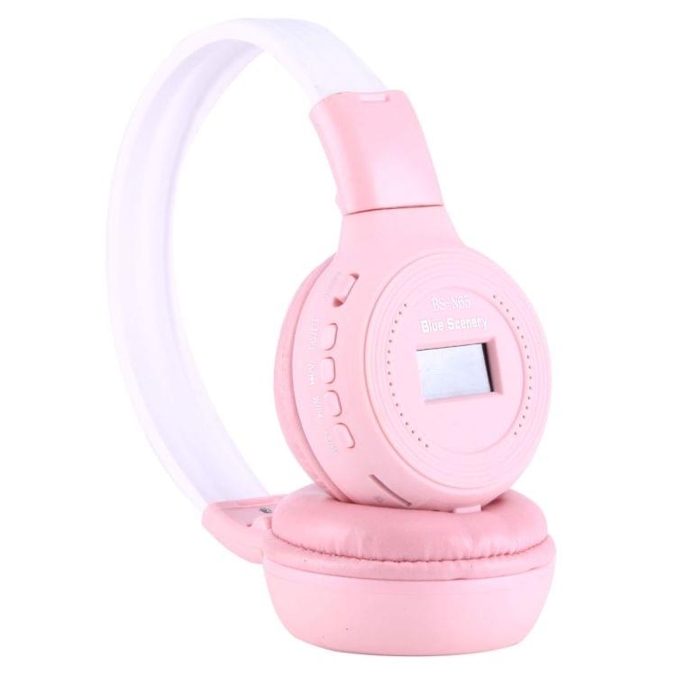 BS-N65 Headband Folding Stereo HiFi Wireless Headphone Headset with LCD Screen & TF Card Slot & LED Indicator Light & FM Function(Pink)