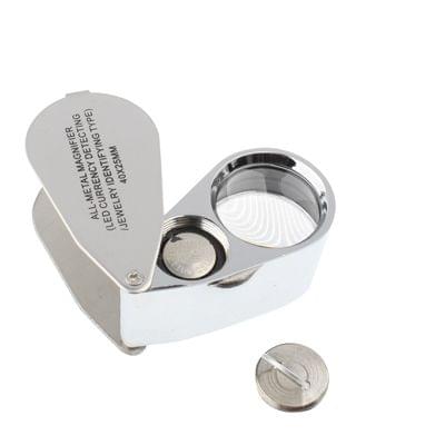 Full Metal Coating 40 x 25mm Magnifying Glass Magnifier with 2-LED Light for Jewelry Identifying & Money Detector Light(Silver)