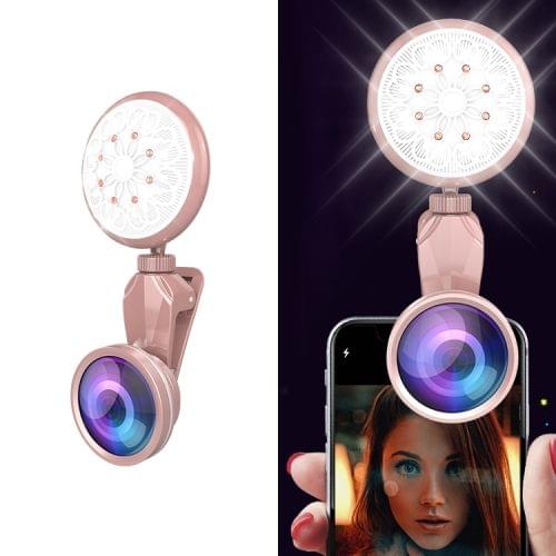 RK35B Professional Beauty Selfie Light Selfie Clip Flash Fill Light with HD 4K Wide Angle / 50X Macro Lens (Rose Gold)