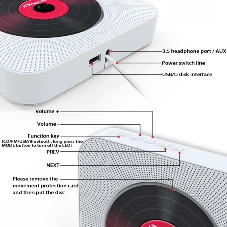 KC-808 Wall Mounted Bluetooth 4.2+EDR CD Player with Remote Control, Support FM(White)