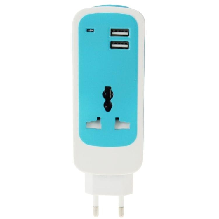 EU Plug Colorful 3 in 1 Dual USB Universal Power Socket, 2.1A Output, Cable Length: 1.5M(Blue)