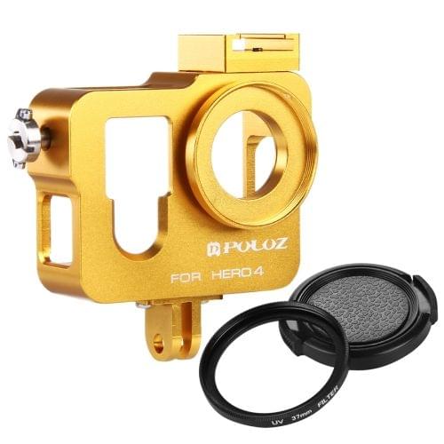 PULUZ Housing Shell CNC Aluminum Alloy Protective Cage with 37mm UV Lens Filter & Lens Cap for GoPro HERO4(Gold)