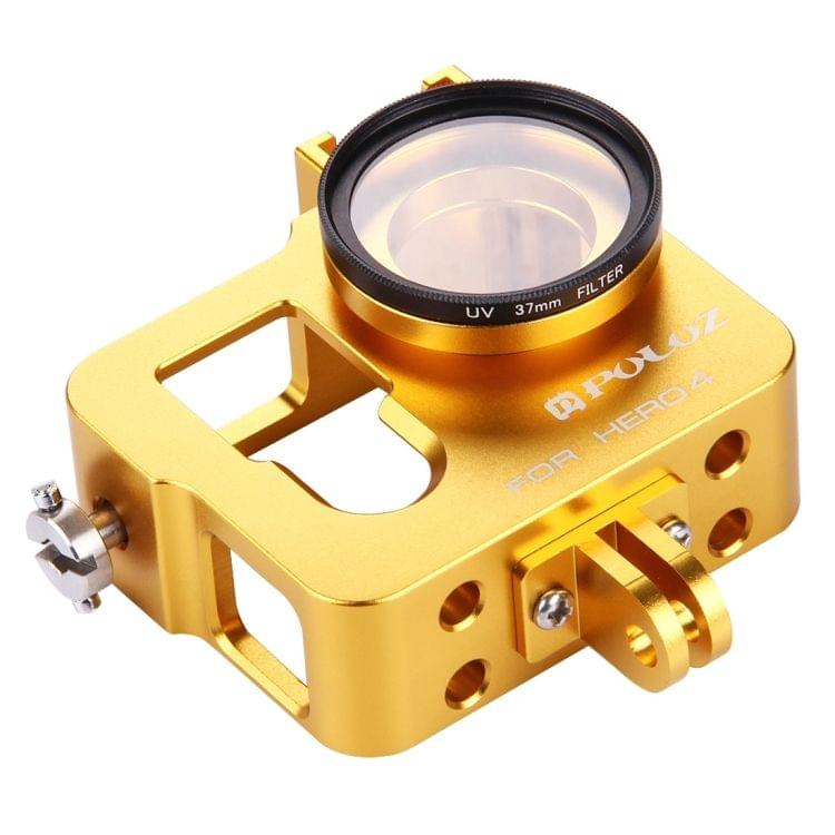 PULUZ Housing Shell CNC Aluminum Alloy Protective Cage with 37mm UV Lens Filter & Lens Cap for GoPro HERO4(Gold)