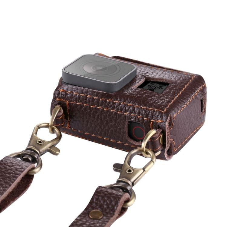 PULUZ for GoPro HERO7 Black /6 /5 Litchi Texture Genuine Leather Housing Case with Set Key Hole & Neck Strap & 52mm UV Lens(Brown)