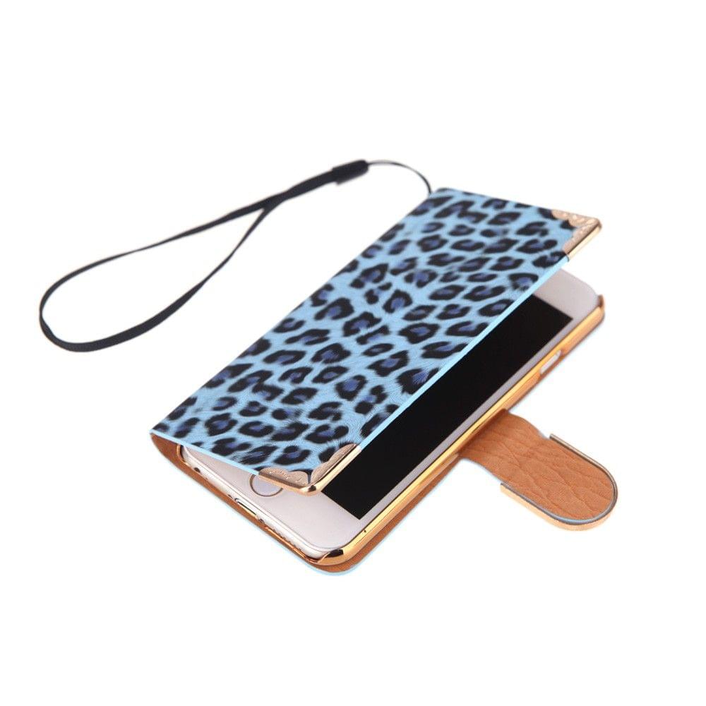 Fashionable Wallet Leopard Case Flip Leather Cover with Card Holder/Strap for Apple iPhone 6 Blue