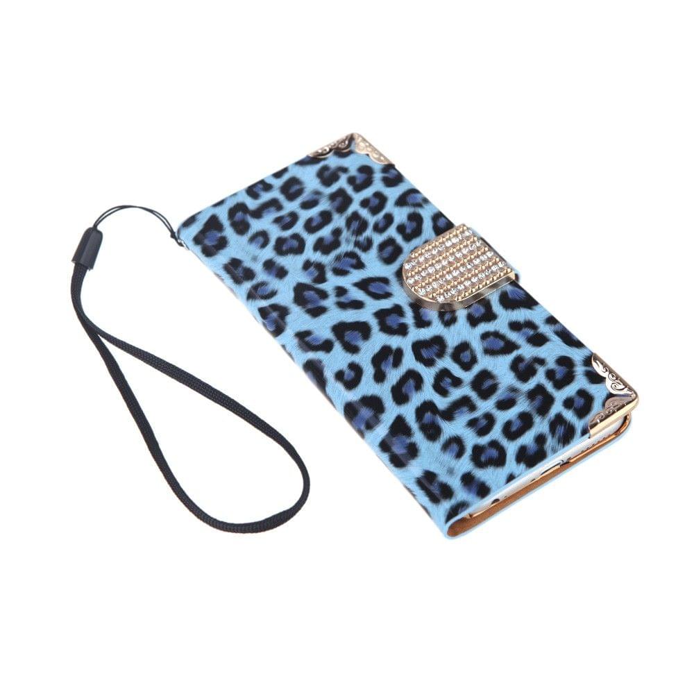 Fashionable Wallet Leopard Case Flip Leather Cover with Card Holder/Strap for Apple iPhone 6 Blue