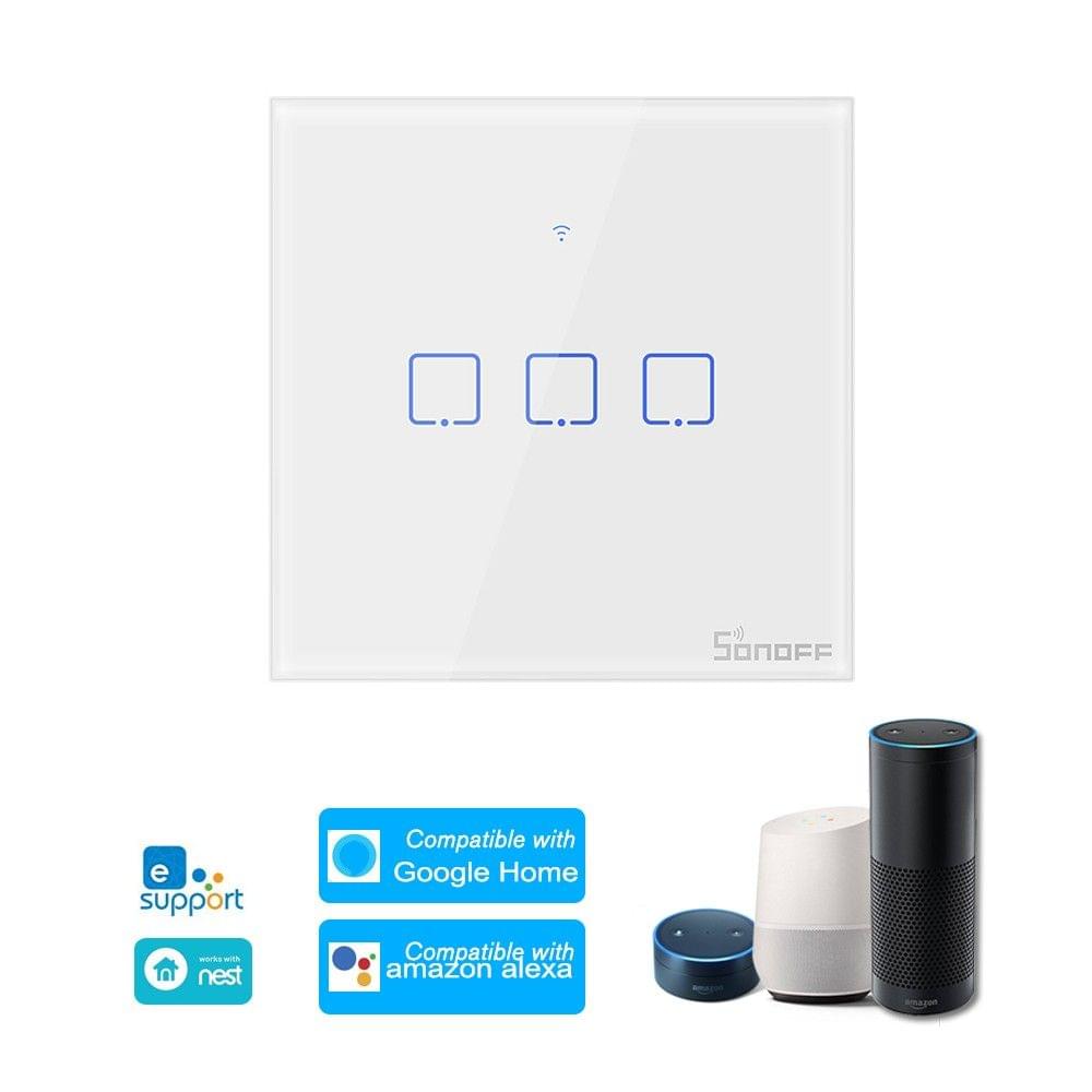 SONOFF T1EU3C-TX 3 Gang Smart WiFi Wall Light Switch 433Mhz RF Remote Control APP/Touch Control Timer EU Standard Panel Smart Switch Compatible with Google Home/Nest & Alexa