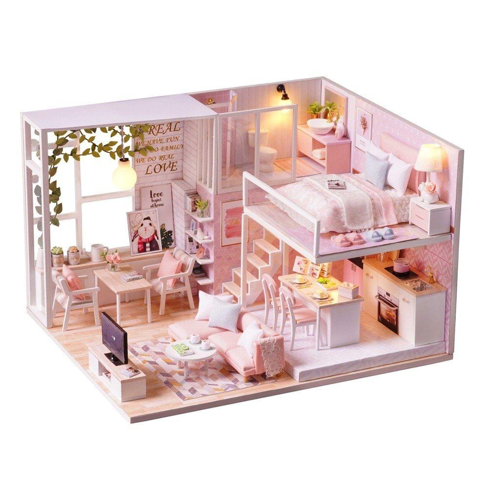 DIY Miniature Loft Dollhouse Kit 3D Pink Wooden House Room(No Dust Cover-No Music Box)