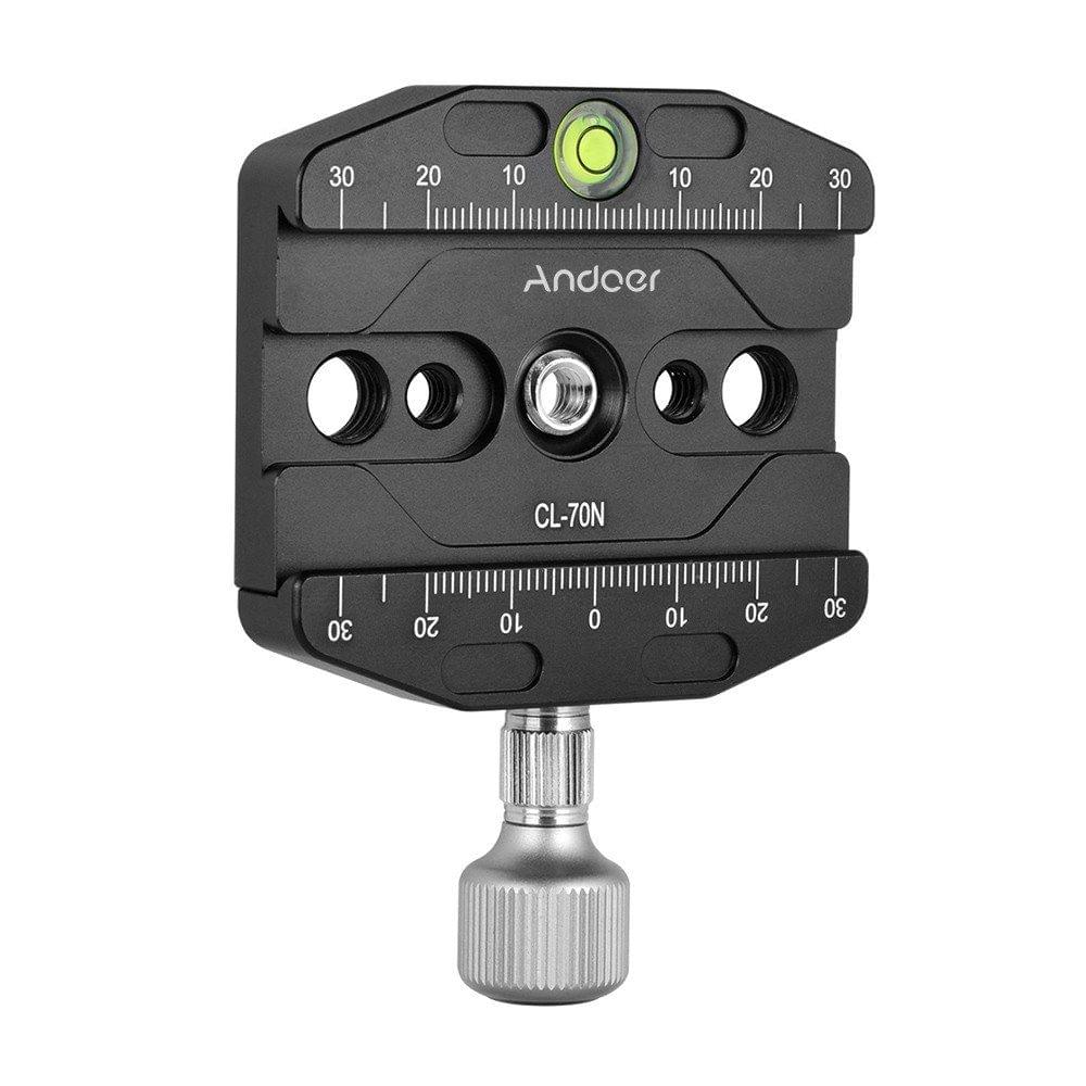 Andoer CL-70N 70mm Aluminum Alloy Quick Release QR Plate Clamp 3/8-inch with 1/4-inch Adapter & Bubble Level for Arca Swiss Benro Acratech Kirk Wimberley Gitzo Manfrotto RRS QR Plate